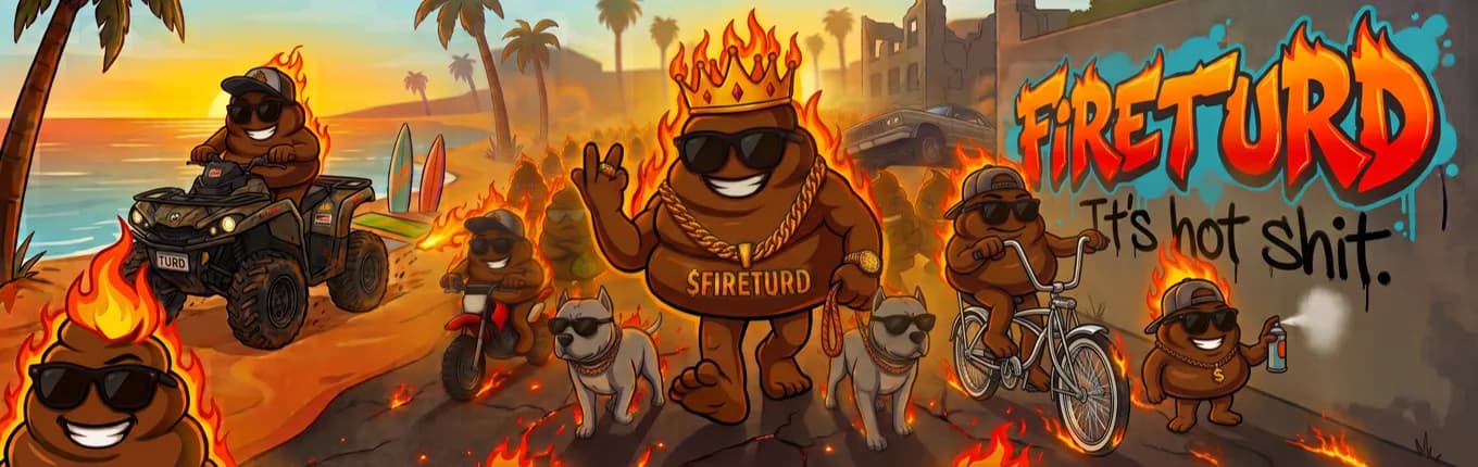 Fireturd banner: a crowned Fireturd leads an army of flaming turds down a beachside boardwalk on ATVs, bikes, and dirt bikes past graffiti reading Fireturd — It's hot shit