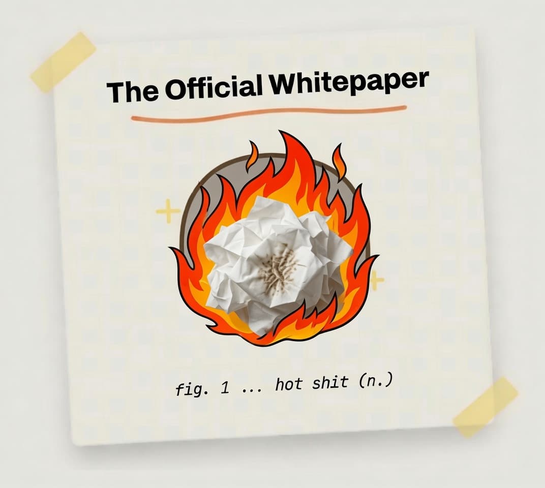 The Official Whitepaper: a taped-up sheet of paper showing a crumpled wad of toilet paper on fire, captioned 'fig. 1 ... hot shit (n.)'